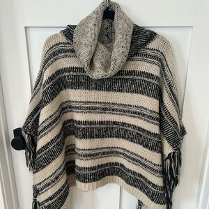 Elegant Black and Cream Striped Sweater Poncho (Medium)